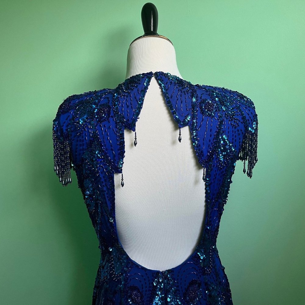 Vintage A Line Strapless Beaded Sequin Ruffle Blue Satin Long Party Dress